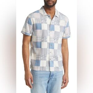 Rails Moreno spring Patchwork Linen Blend Button Down Shirt XL blue short sleeve